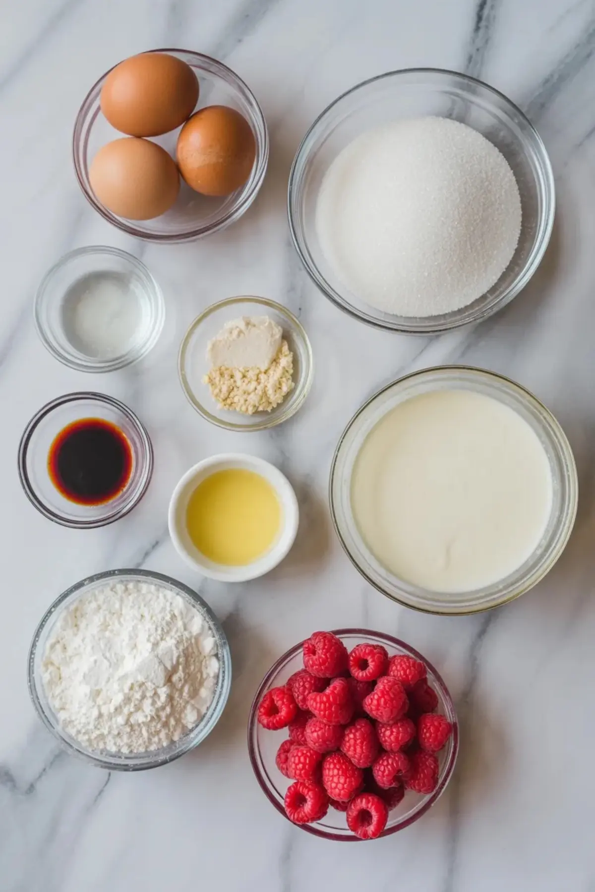 Flat lay of Easter pavlova ingredients on a marble counter, including eggs, sugar, raspberries, heavy cream, vinegar, vanilla, lemon juice, and cornstarch in glass bowls.
