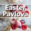Vertical collage showing the full Easter pavlova from above and a detailed slice from the side, garnished with pink and white meringue eggs, raspberries, and edible blooms. “Easter Pavlova” text overlay is featured.