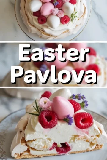 Vertical collage showing the full Easter pavlova from above and a detailed slice from the side, garnished with pink and white meringue eggs, raspberries, and edible blooms. “Easter Pavlova” text overlay is featured.