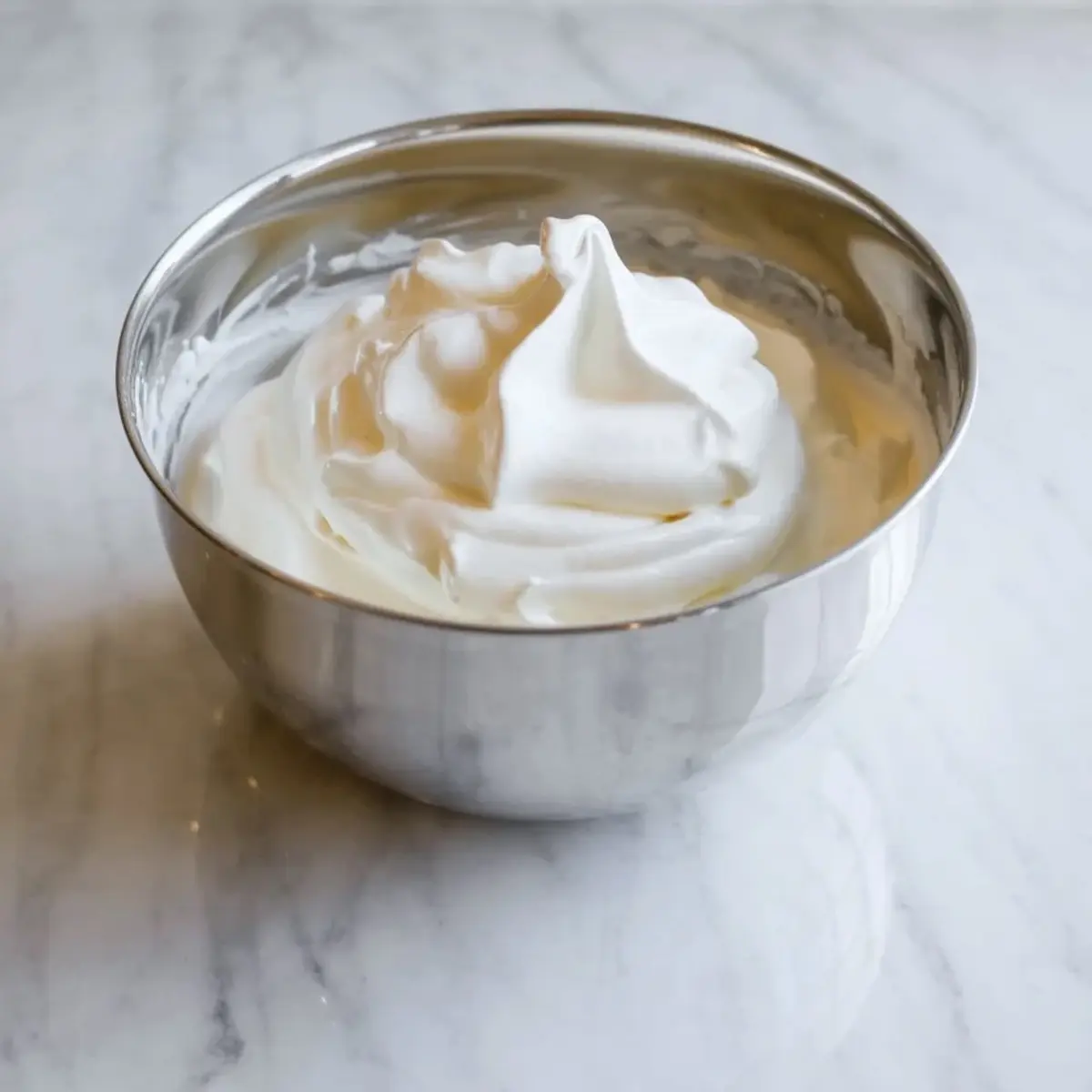 Metal mixing bowl with glossy whipped egg whites forming stiff peaks, placed on a marble countertop during meringue preparation.
