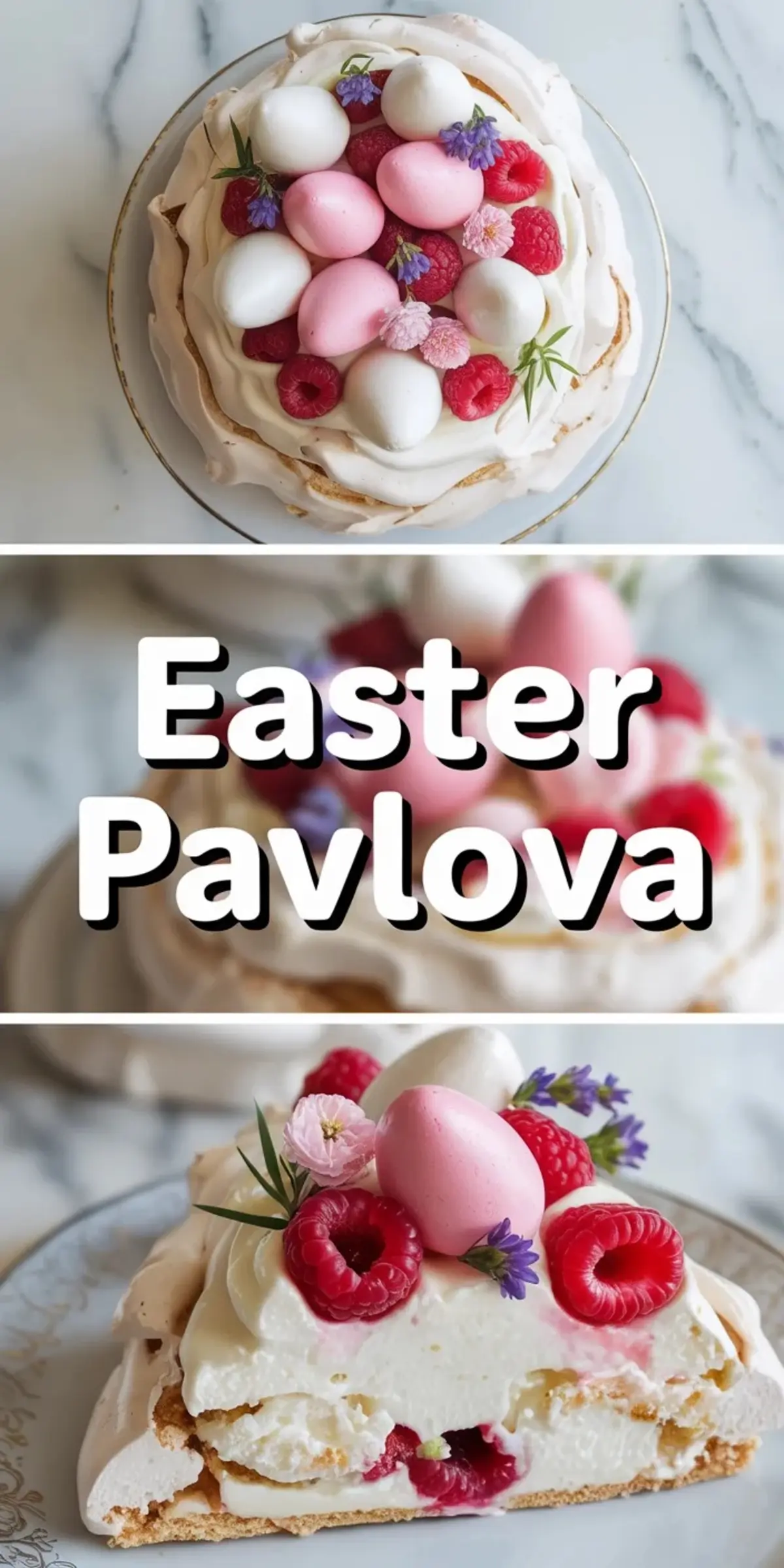 Overhead and side view of Easter pavlova topped with pink and white egg-shaped meringues, fresh raspberries, and edible flowers, presented on a white plate with a marble background.

