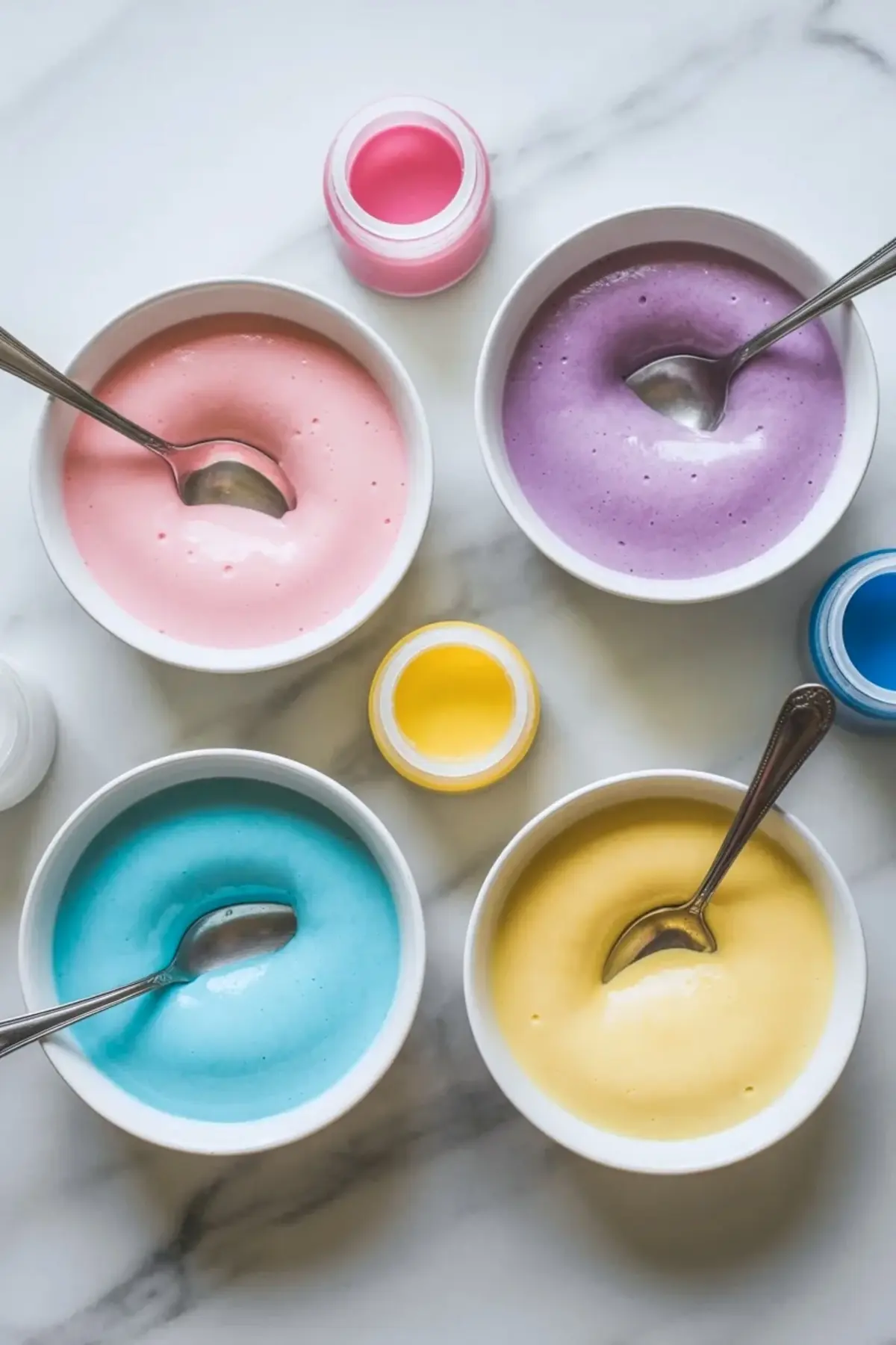 Four bowls hold pastel pink, purple, blue, and yellow pie filling with smooth texture and spoons on a white marble surface. Small jars of gel food coloring sit between the bowls, creating a bright Easter dessert color palette for a swirl pie recipe.