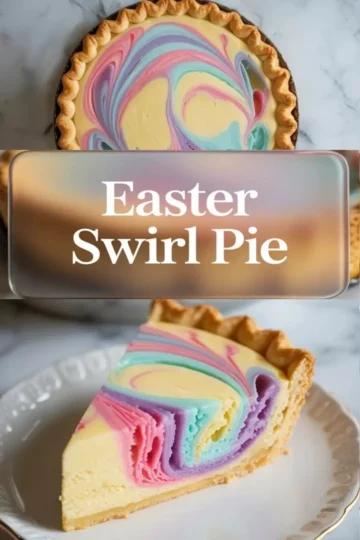 A vertical collage shows a pastel marbled pie with soft yellow custard and pink, purple, and blue swirls, a bold “Easter Swirl Pie” text overlay, and a close view of a slice on a white plate highlighting the colorful layered interior.