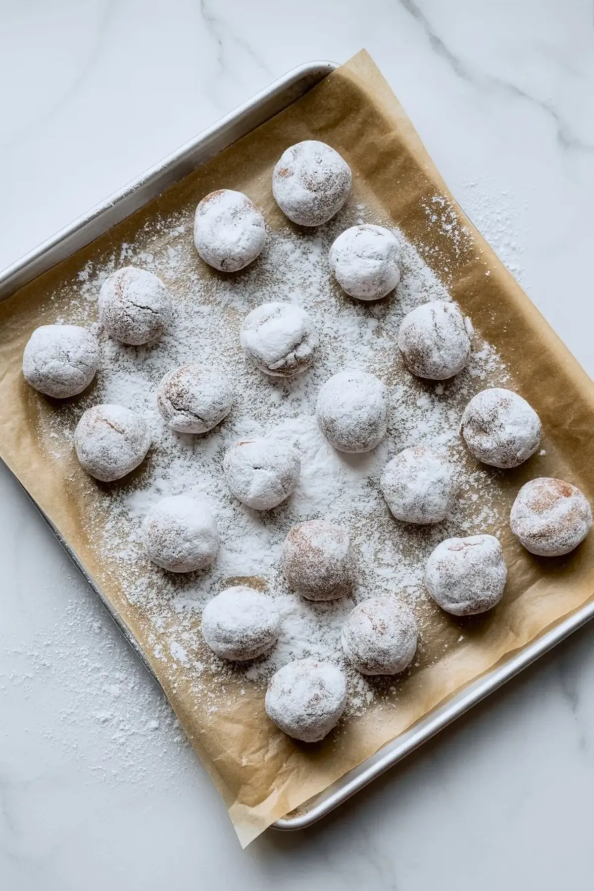 Metal baking sheet lined with parchment paper holds round cookie dough balls coated in powdered sugar. Espresso cookie dough balls sit spaced apart and dusted heavily for classic crinkle cookie texture.