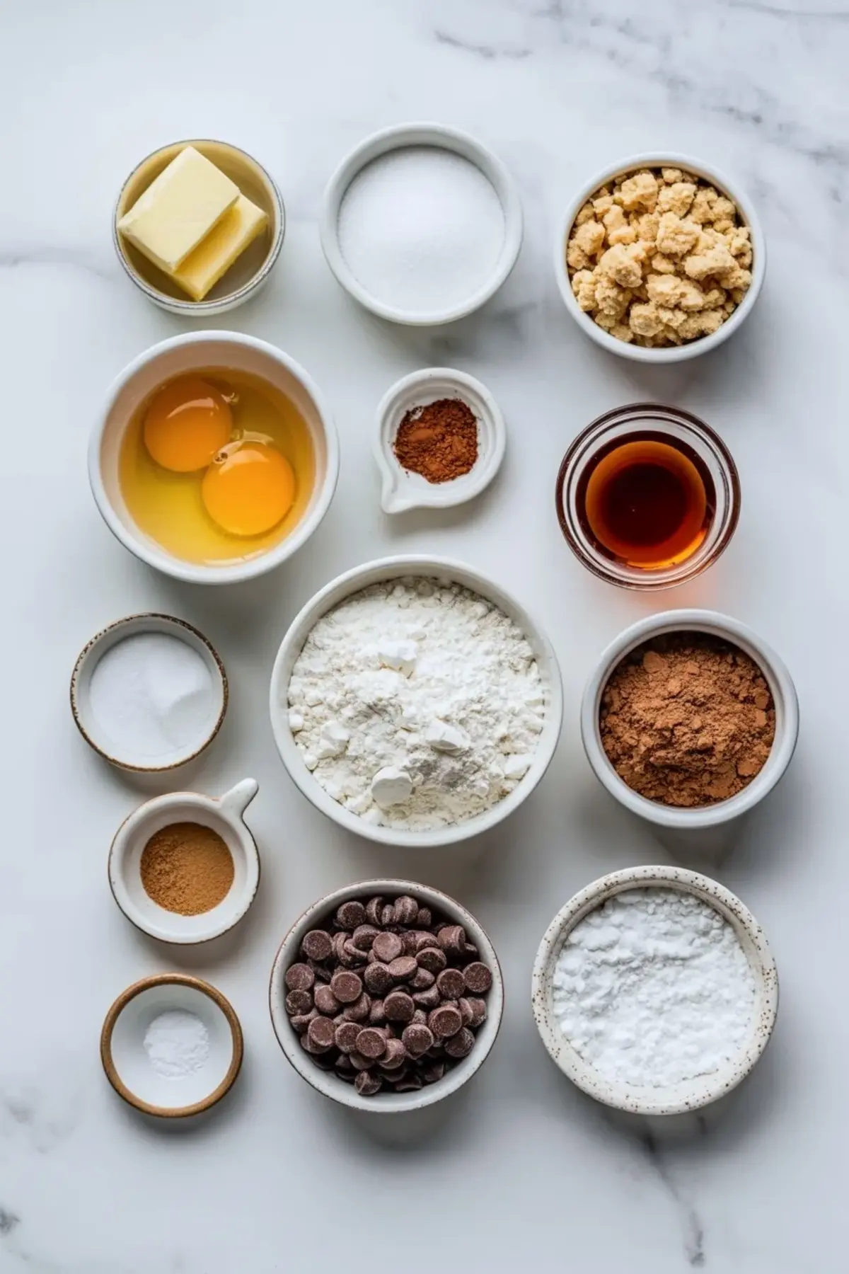 White bowls display butter cubes, granulated sugar, brown sugar, eggs, flour, cocoa powder, powdered sugar, chocolate chips, vanilla extract, baking powder, and salt on a marble surface. Measured cookie ingredients create a clean flat lay for espresso crinkle cookies from scratch.