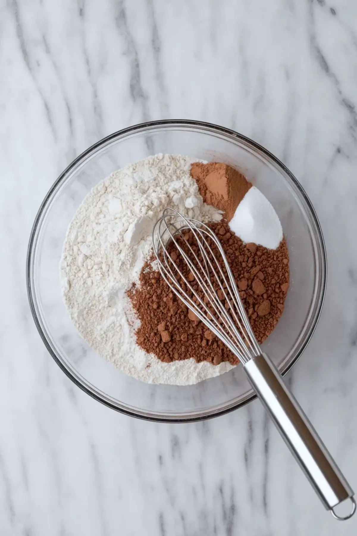 Glass mixing bowl holds all purpose flour, cocoa powder, and granulated sugar with a metal whisk on a white marble countertop. Dry baking ingredients sit in separate sections for espresso crinkle cookies preparation.