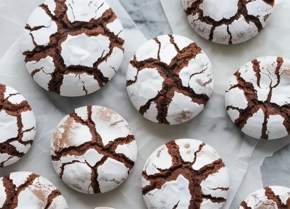 Close up of espresso crinkle cookies arranged on parchment paper. Powdered sugar coating cracks to reveal rich chocolate cookie beneath, creating bold crinkle texture.