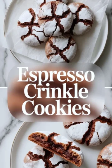 Small glass bowl holds brewed espresso topped with espresso powder beside a metal spoon on a marble countertop. Strong coffee mixture adds bold flavor to homemade espresso crinkle cookies.