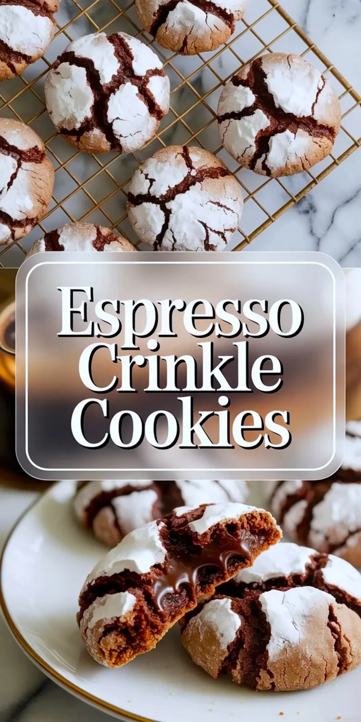 Espresso crinkle cookies rest on a gold cooling rack over a marble surface. Powdered sugar tops split to show deep brown cookie cracks after baking.