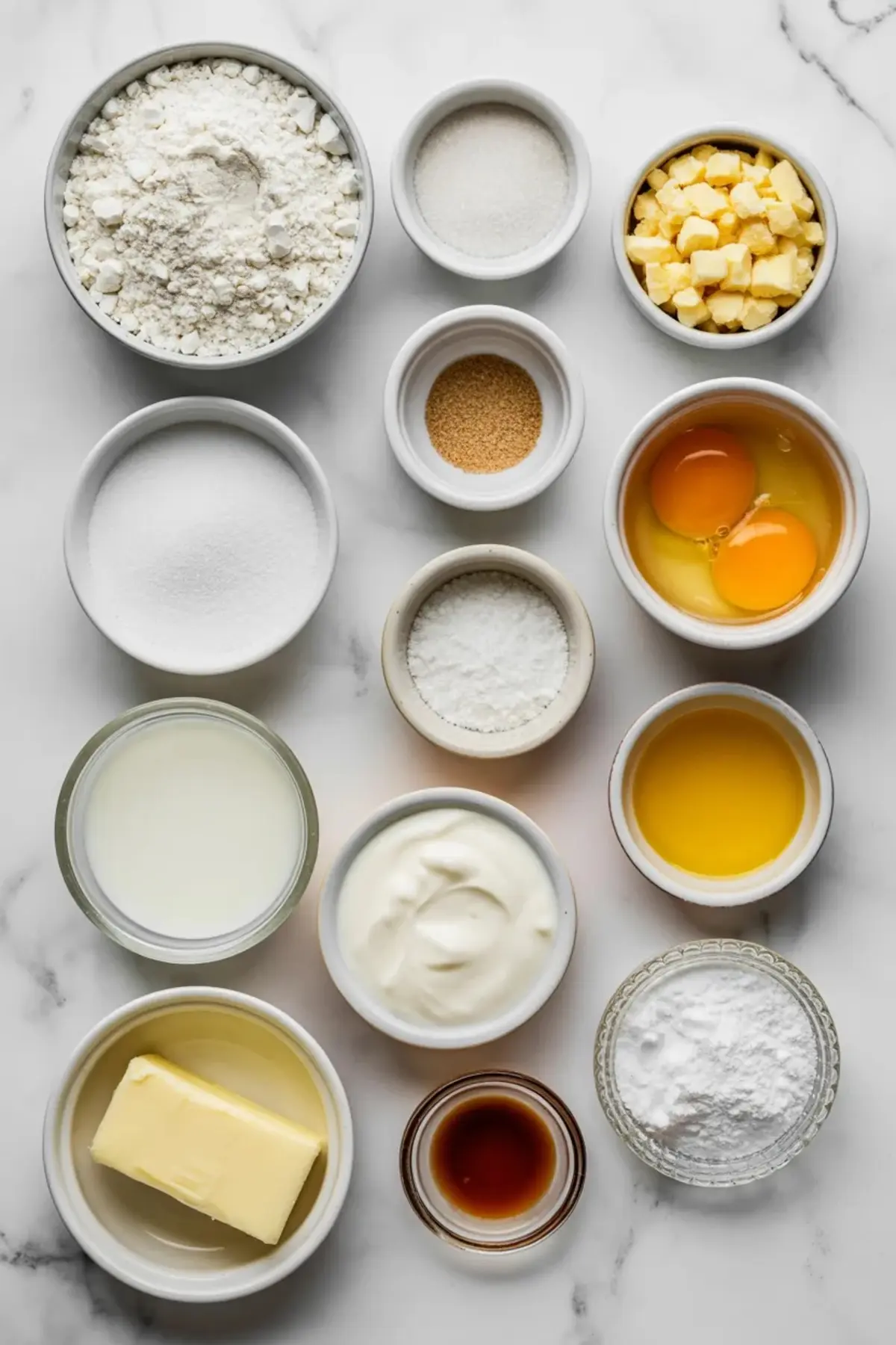 Flat lay of gluten free baking ingredients in white bowls on a marble surface, including flour, granulated sugar, brown sugar, cubed butter, melted butter, eggs, milk, yogurt, vanilla extract, baking powder, baking soda, and salt for homemade baked donut holes recipe.
