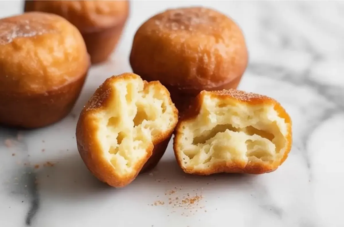 Close up of a gluten free baked donut hole cut in half on a marble surface, showing a soft airy interior and golden brown crust.
