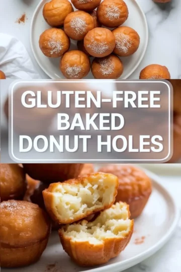 Vertical collage of gluten free baked donut holes arranged on a white plate with powdered sugar and large text overlay that reads “Gluten-Free Baked Donut Holes,” above a close up of a fluffy donut hole interior.