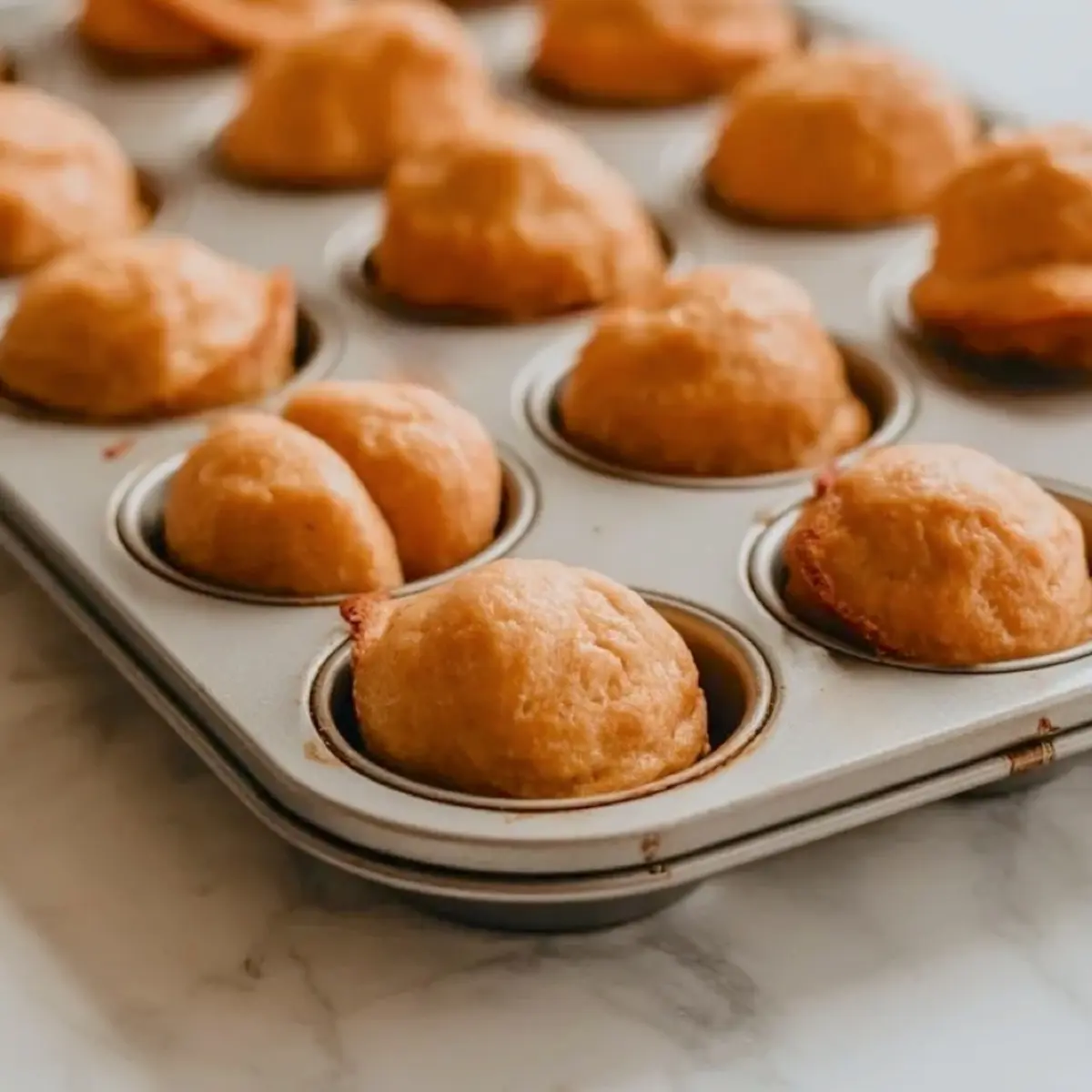 Freshly baked gluten free donut holes in a metal mini muffin pan, showing golden brown tops and rounded shape for easy homemade breakfast or snack.
