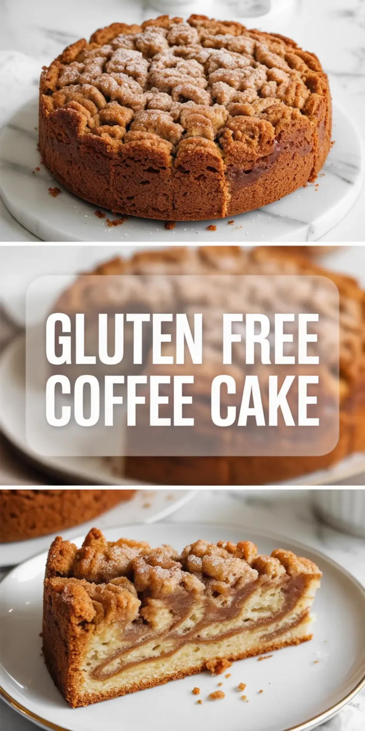 Gluten free coffee cake sits on a marble surface with a thick cinnamon streusel topping and powdered sugar dusting. A sliced piece reveals soft vanilla cake layers with a rich cinnamon swirl filling and crumb topping. Text overlay reads gluten free coffee cake, creating a Pinterest style recipe graphic for homemade gluten free dessert and brunch cake inspiration.