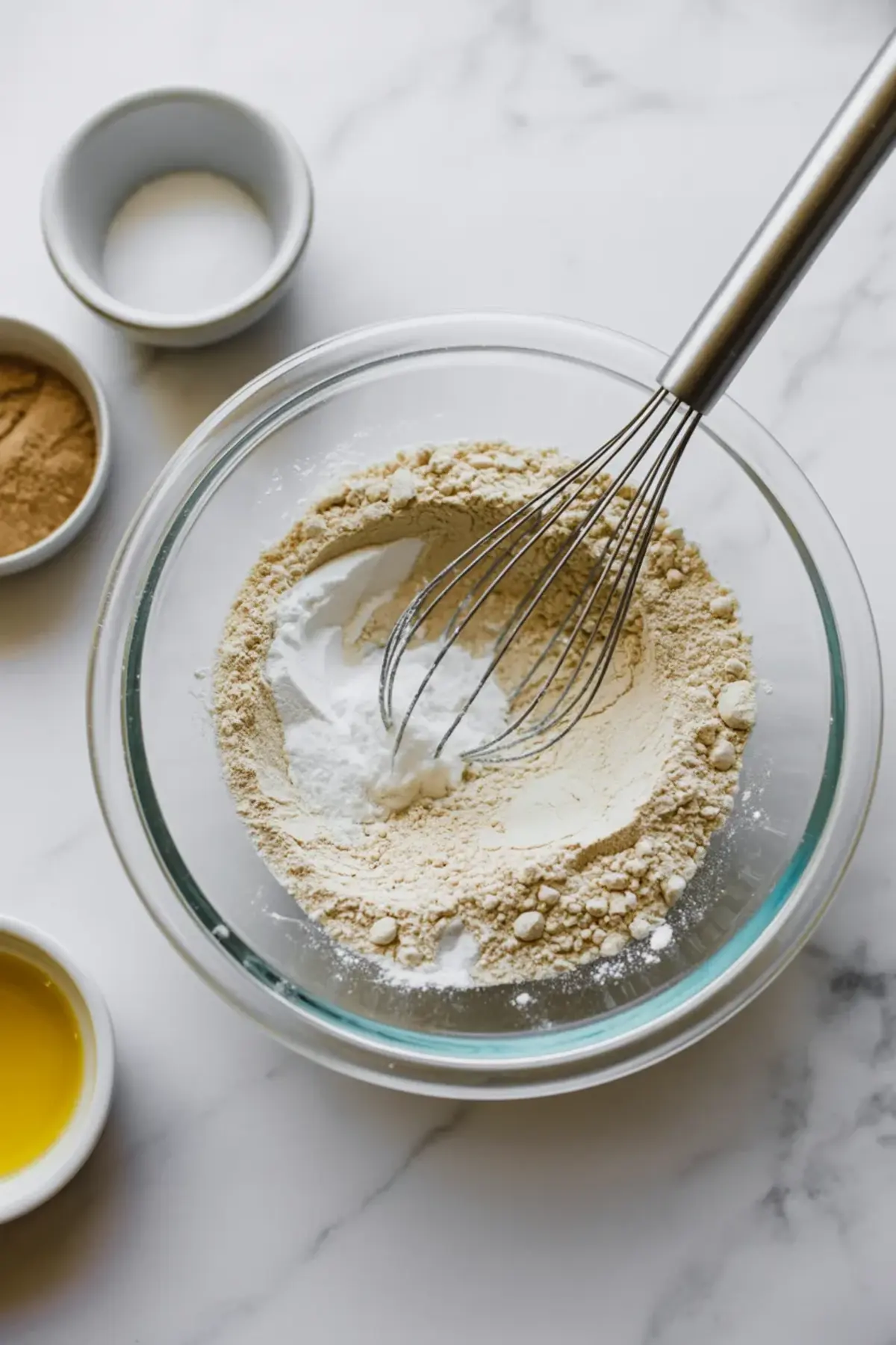 Glass mixing bowl holds gluten free flour and baking powder while a metal whisk blends dry ingredients on a marble countertop. Small bowls with milk, oil, and cinnamon sit nearby, showing step by step gluten free baking preparation for coffee cake batter.