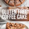 Gluten free coffee cake rests on a cooling rack with slices cut to show the cinnamon swirl center and golden crumb topping dusted with powdered sugar. A plated slice displays moist vanilla cake layers and thick streusel topping. Text overlay reads gluten free coffee cake, creating a vertical Pinterest graphic for easy gluten free brunch dessert recipe.
