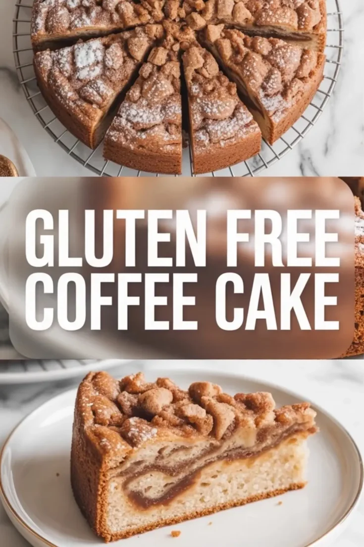 Gluten free coffee cake rests on a cooling rack with slices cut to show the cinnamon swirl center and golden crumb topping dusted with powdered sugar. A plated slice displays moist vanilla cake layers and thick streusel topping. Text overlay reads gluten free coffee cake, creating a vertical Pinterest graphic for easy gluten free brunch dessert recipe.