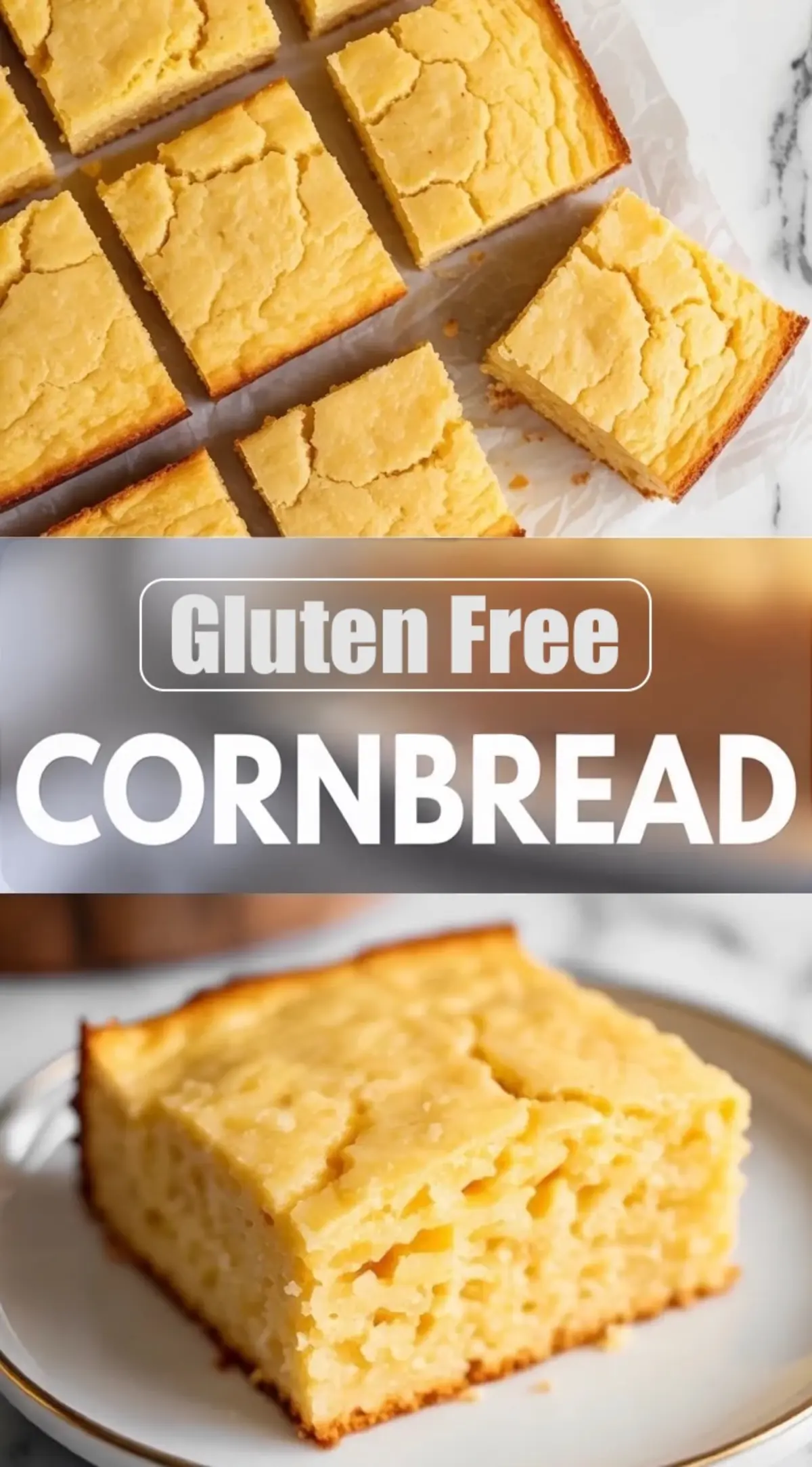 Gluten free cornbread cut into square portions on parchment paper, evenly baked pieces with cracked golden tops arranged on a marble surface.
