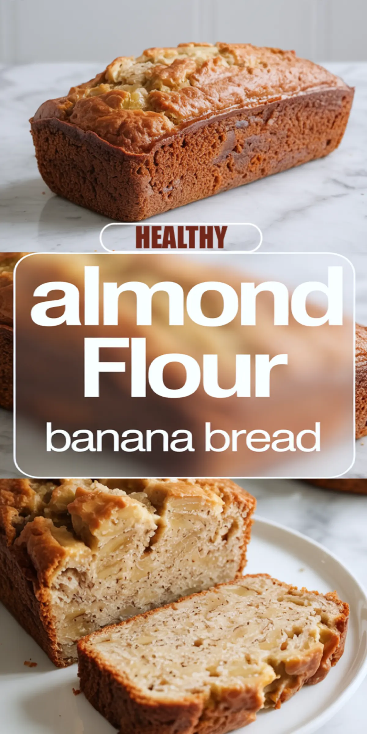 Healthy almond flour banana bread loaf sliced open to show tender, moist crumb filled with chunks of banana, labeled with bold text reading “Healthy Almond Flour Banana Bread.”
