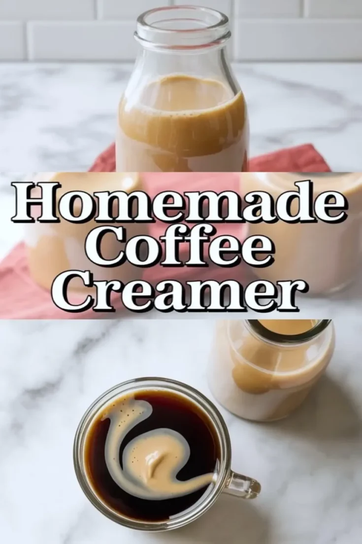 Homemade coffee creamer in a glass bottle sits on a marble countertop with a pink cloth, while a clear glass mug shows black coffee with a creamy swirl. Bold text reads homemade coffee creamer across the center. This vertical food collage highlights a DIY coffee creamer recipe for morning coffee and easy kitchen prep.