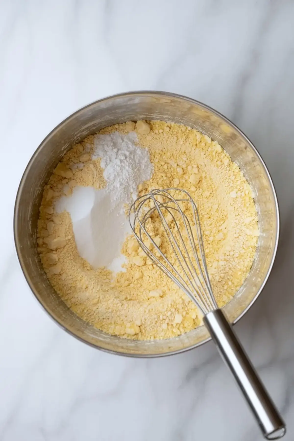 Metal mixing bowl containing dry ingredients including cornmeal, baking powder, and sugar with a metal whisk, prepared for cornbread batter.
