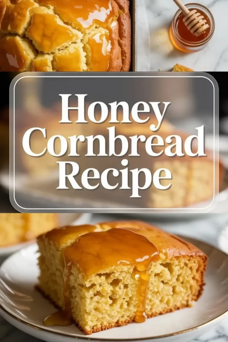 Vertical collage featuring glossy honey-topped cornbread in a pan, a honey dipper and jar of honey, and a close-up of a fluffy cornbread slice on a white plate, centered around the title “Honey Cornbread Recipe”.