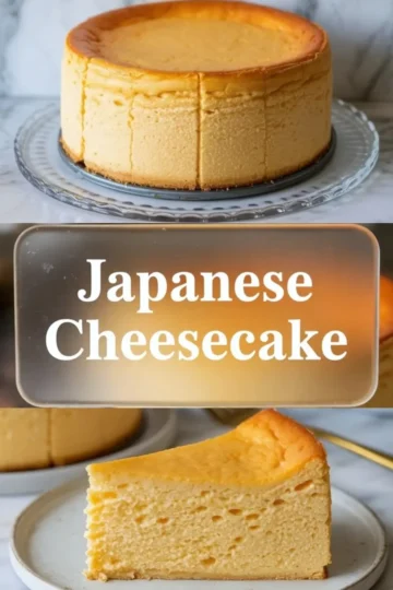 Vertical collage shows a tall Japanese cheesecake on a glass cake stand and a sliced piece on a plate. Text overlay reads Japanese cheesecake across the center of the image.