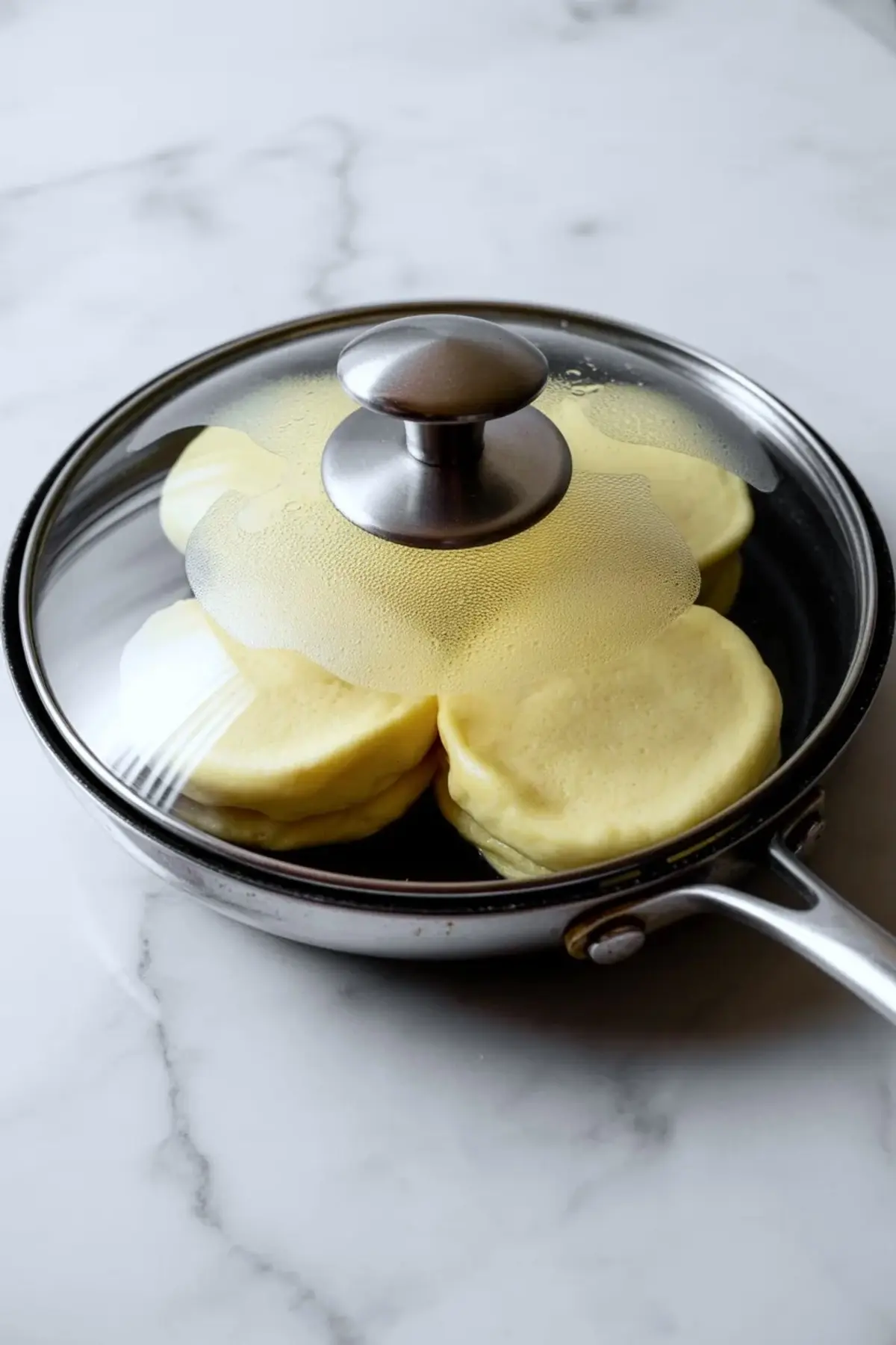 Fluffy Japanese soufflé pancakes cook in a nonstick skillet with a glass lid as steam forms on the cover, showing thick round batter rising into tall airy pancakes on a marble countertop.
