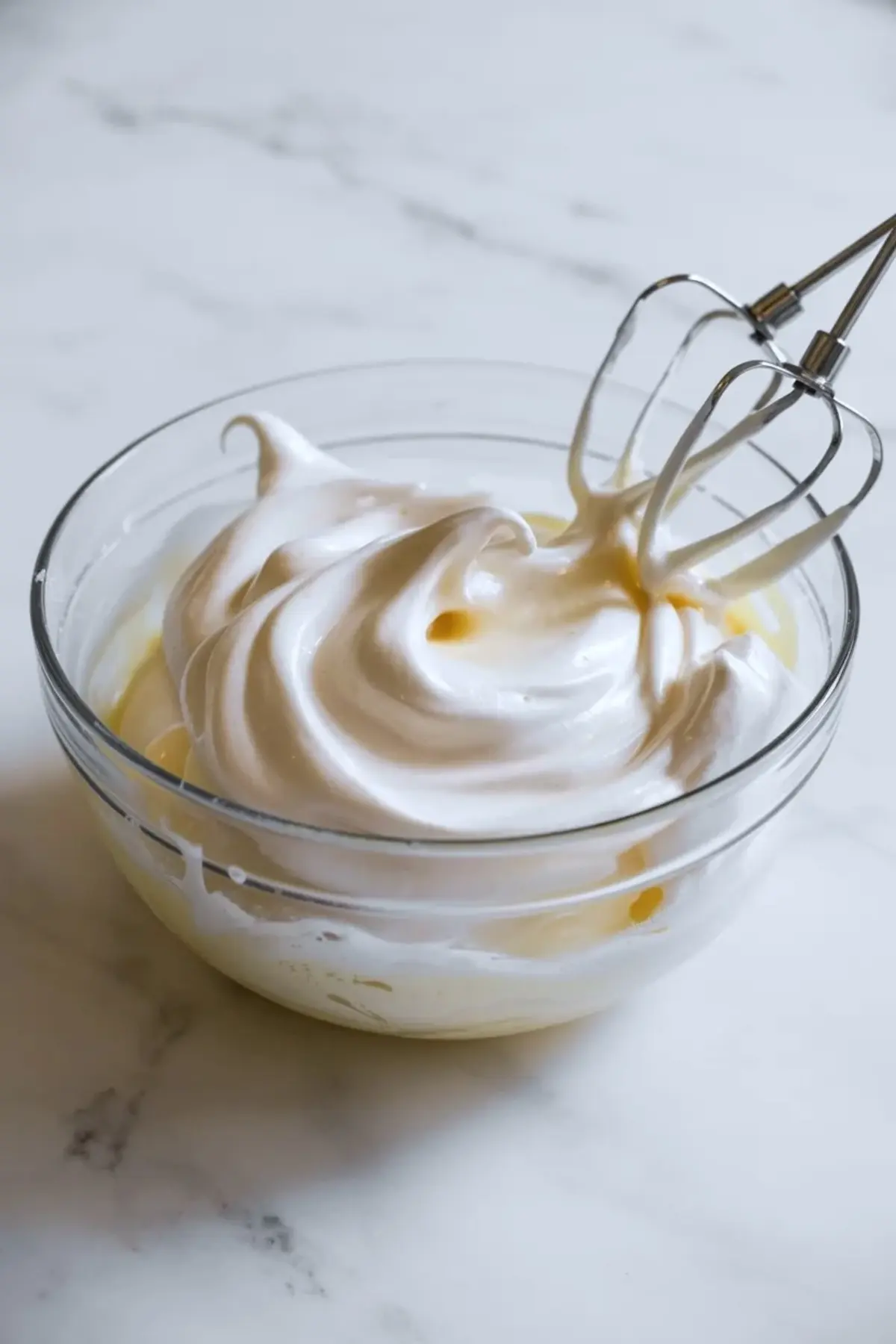 Electric hand mixer whips glossy egg whites into stiff peaks in a clear glass bowl, creating smooth meringue for Japanese soufflé pancakes on a light marble surface.