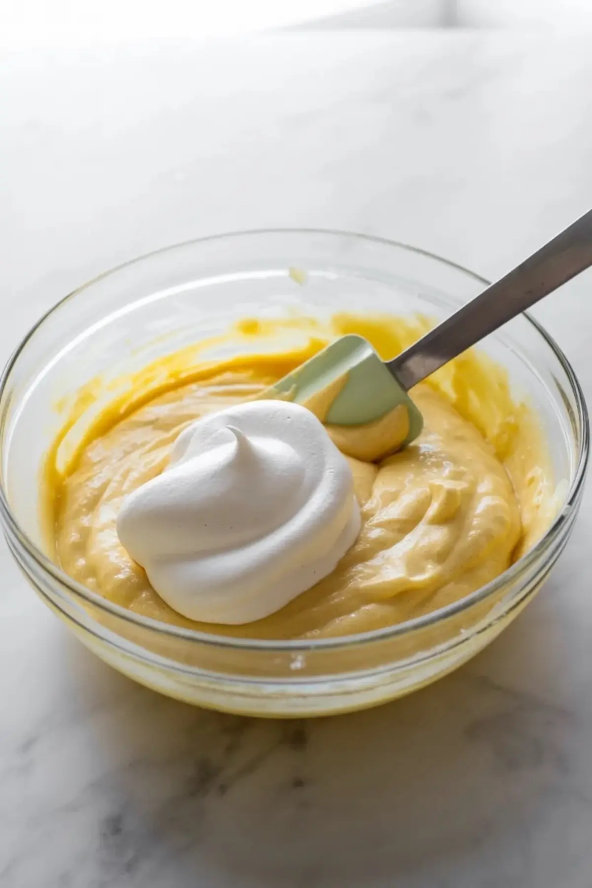 Silicone spatula folds fluffy meringue into thick yellow pancake batter in a glass mixing bowl, creating airy batter for Japanese soufflé pancakes on a marble counter.