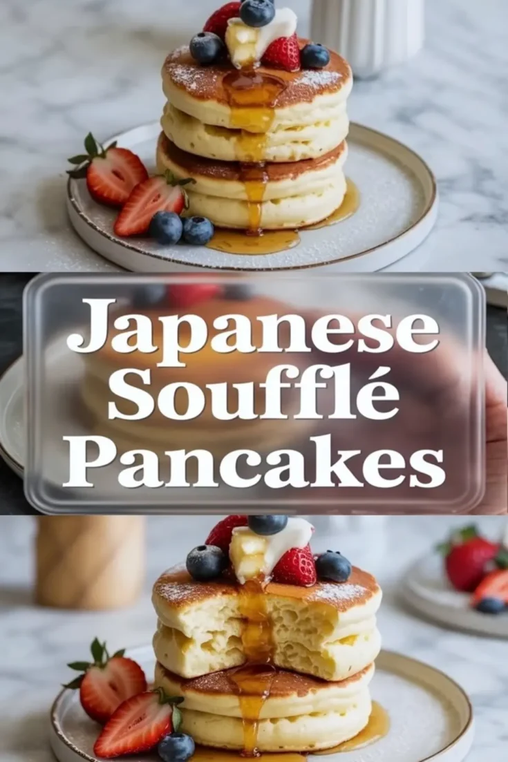 Vertical collage shows golden Japanese soufflé pancakes stacked high with butter and maple syrup, fresh strawberries and blueberries on the side, and large text reading “Japanese Soufflé Pancakes” across the middle.