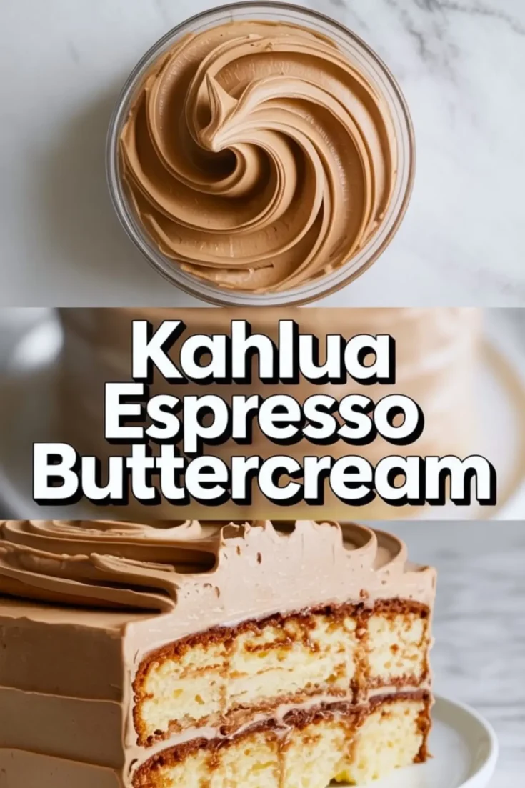 Vertical collage shows a bowl of smooth coffee buttercream swirled into soft peaks on top and a layered vanilla cake filled and frosted with Kahlua espresso buttercream on bottom. Large bold text reads “Kahlua Espresso Buttercream,” highlighting coffee frosting for cakes and cupcakes.