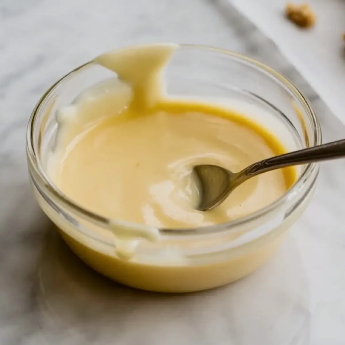 Smooth vanilla glaze in a glass bowl with a spoon, ready for drizzling over baked goods like cookies or cakes, captured on a light marble background.