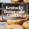 Collage showing Kentucky butter cake cookies in two views—top section with glazed cookies on a cooling rack, and bottom section with a bitten cookie revealing the moist, cake-like center, styled with a central text overlay for visual emphasis.