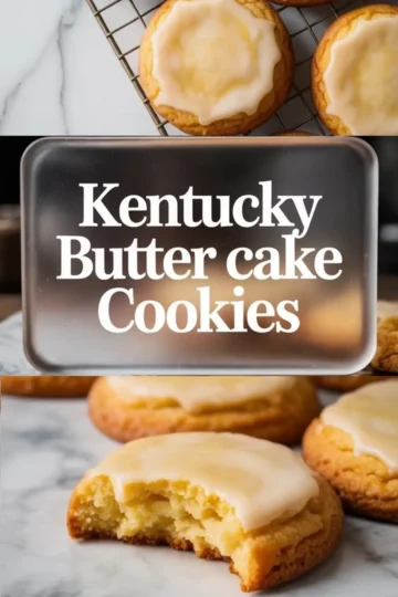 Collage showing Kentucky butter cake cookies in two views—top section with glazed cookies on a cooling rack, and bottom section with a bitten cookie revealing the moist, cake-like center, styled with a central text overlay for visual emphasis.