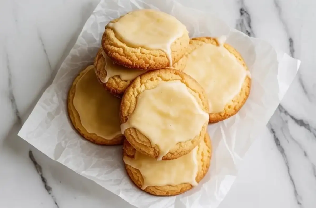 Stack of Kentucky butter cake cookies with golden edges and vanilla glaze, arranged on white parchment paper over a marble surface for a cozy dessert presentation.