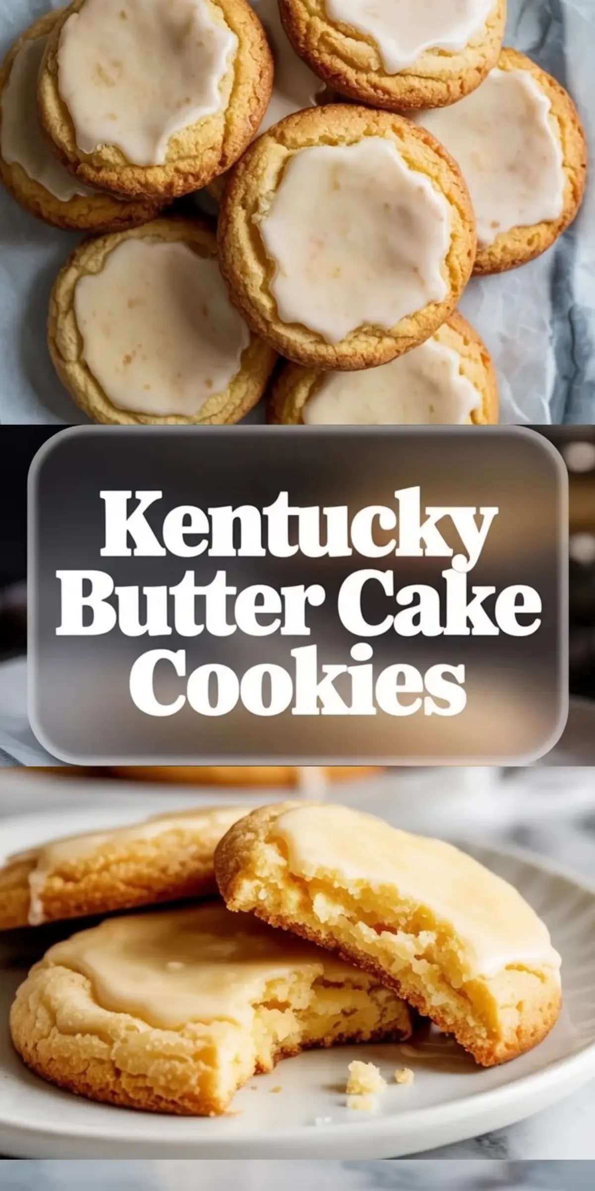 Collage displaying Kentucky butter cake cookies with a top view of cookies stacked on parchment and a close-up of a bitten cookie on a plate, combined with a bold recipe title overlay, styled for easy pinning and recipe browsing.