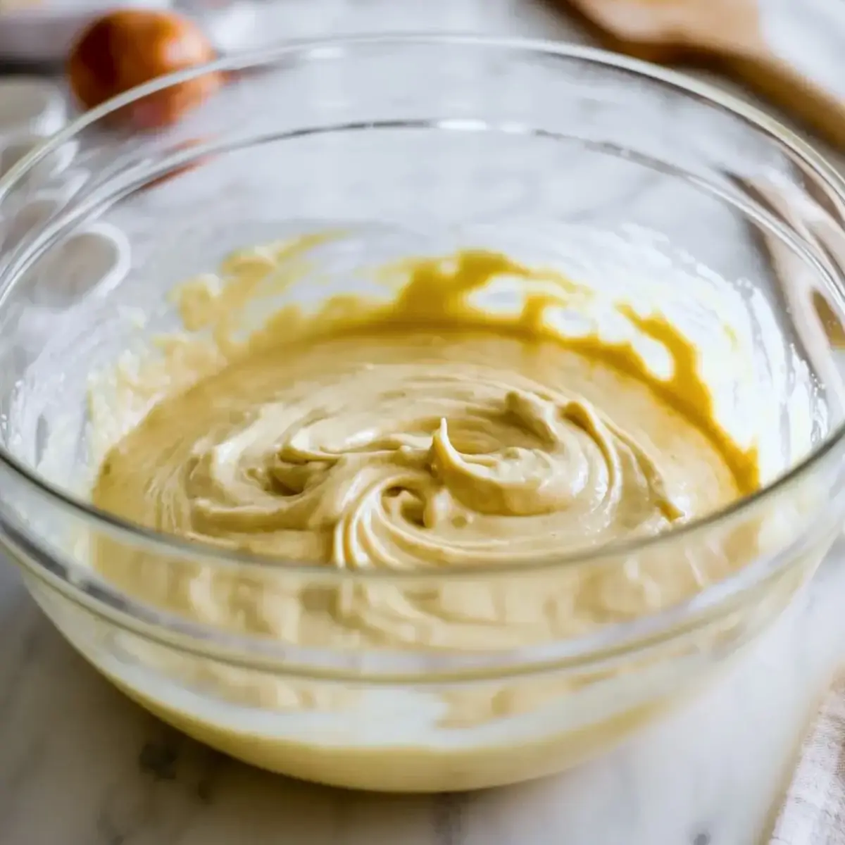 Glass mixing bowl holds thick vanilla cake batter with smooth swirls on a marble countertop, showing creamy texture for homemade Kentucky butter cake recipe.
