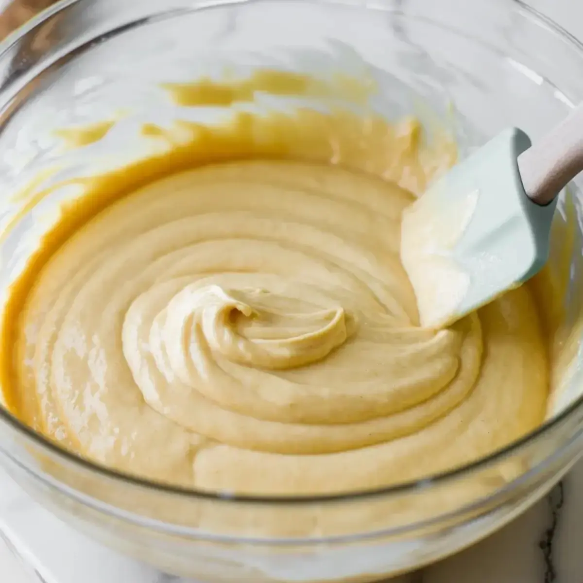 Glass bowl contains smooth vanilla cake batter while a silicone spatula folds mixture on marble surface for easy homemade bundt cake preparation.
