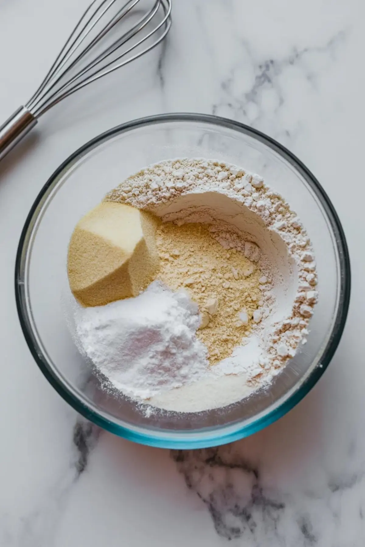 Dry ingredients for keto cornbread in a clear glass bowl, almond flour, sweetener, baking powder, and corn-flavored substitute measured separately on a marble surface with a whisk nearby.
