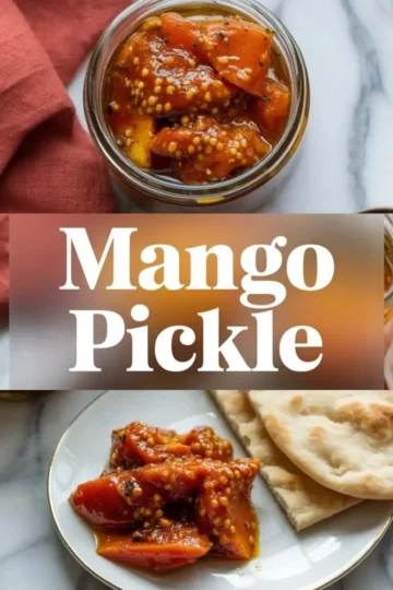 Mango pickle in a glass jar and on a white plate with naan bread, coated in red chili oil and mustard seeds, with bold text overlay reading “Mango Pickle” on a warm blurred background.