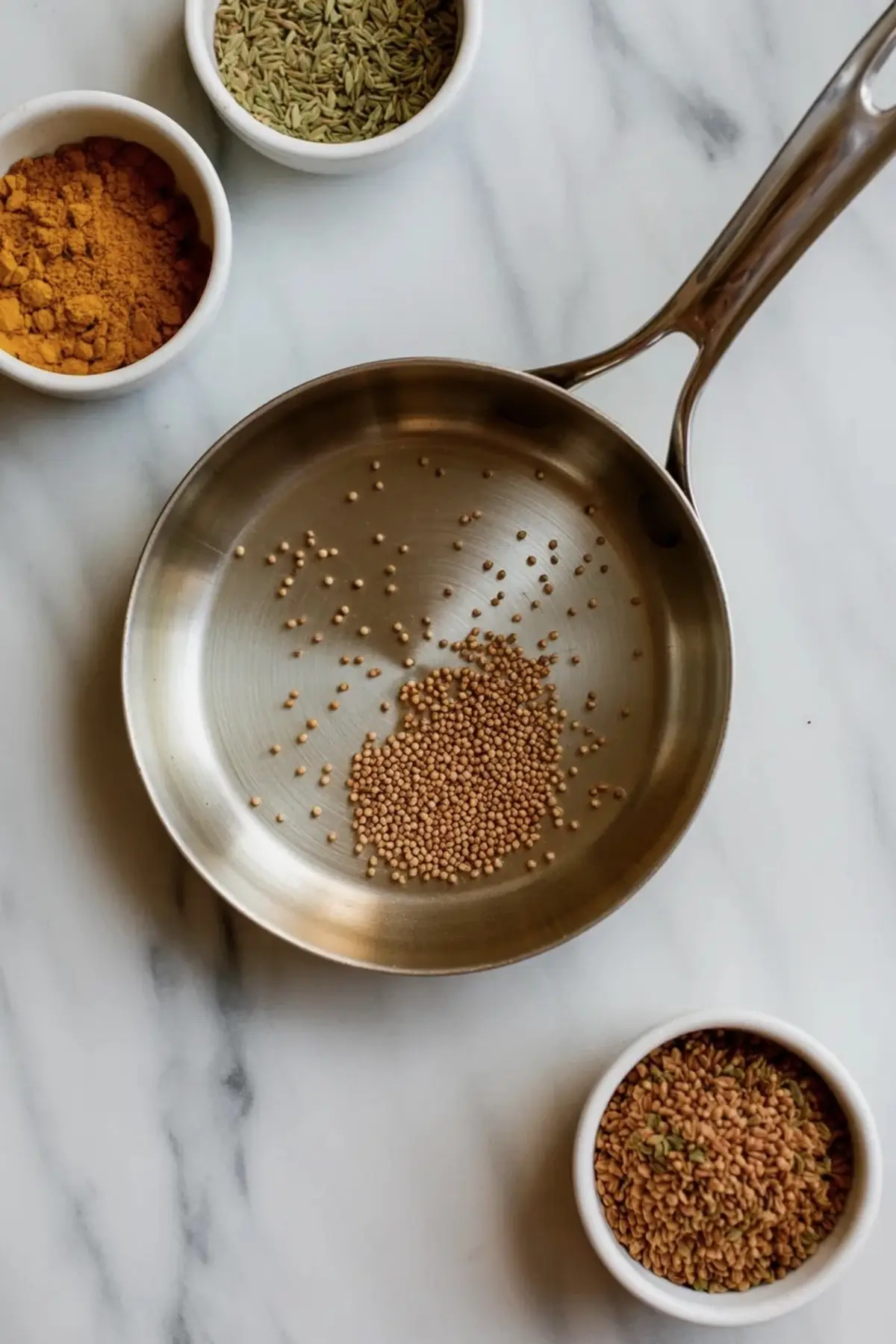 Whole mustard seeds toast in a stainless steel skillet, surrounded by small bowls of turmeric, fennel seeds, and fenugreek on a white marble countertop.