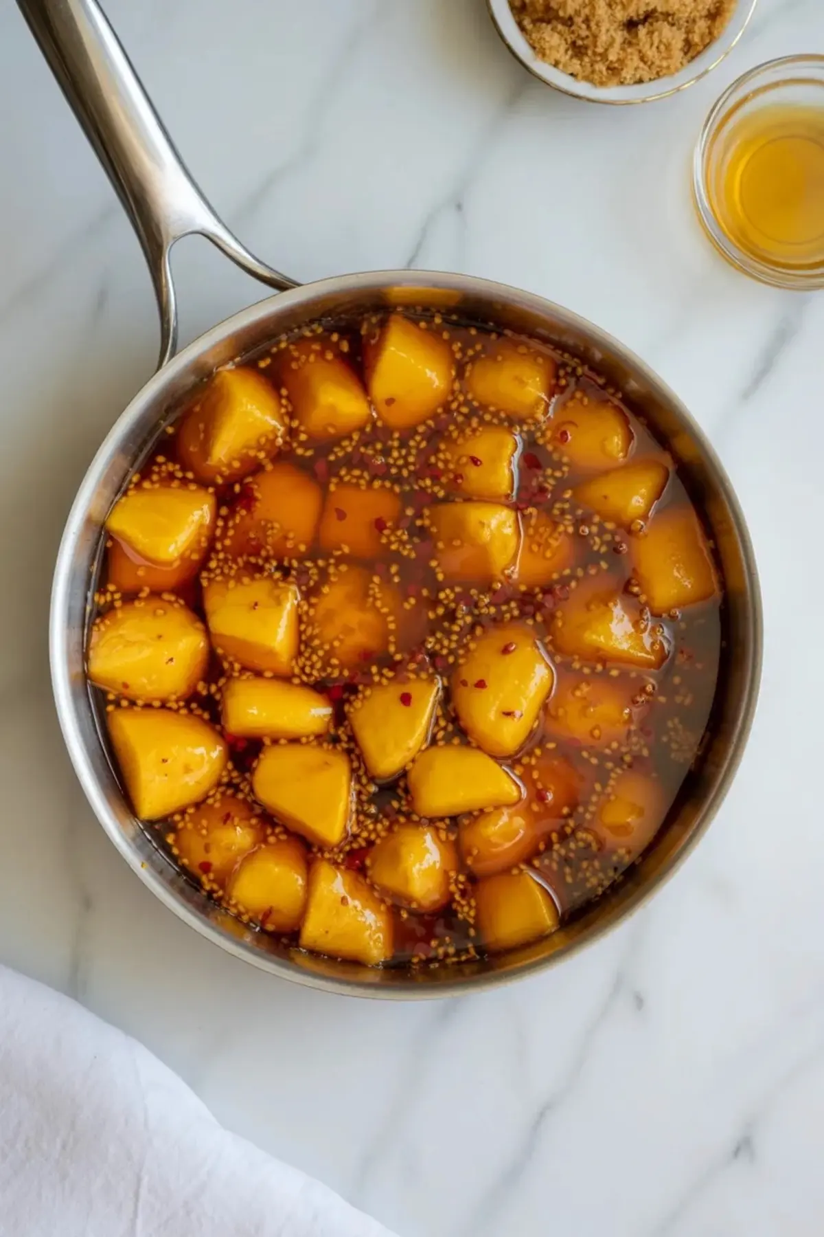 Fresh mango chunks simmer in a stainless steel saucepan with mustard seeds, red chili flakes, and spiced oil, placed on a marble surface with small bowls of jaggery and oil nearby.
