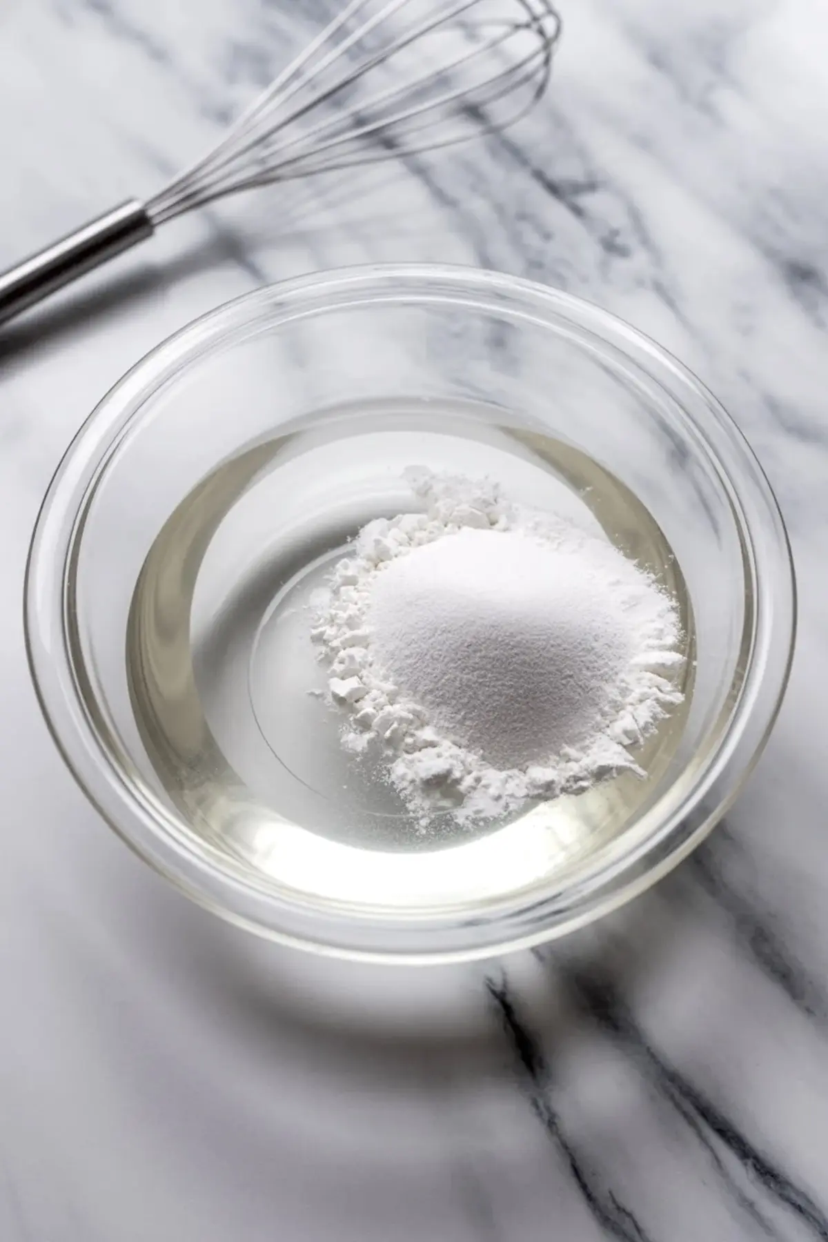 Clear glass bowl holds water and white gelatin powder on a marble countertop with a metal whisk nearby, showing gelatin blooming step for homemade marshmallow Easter eggs recipe.

