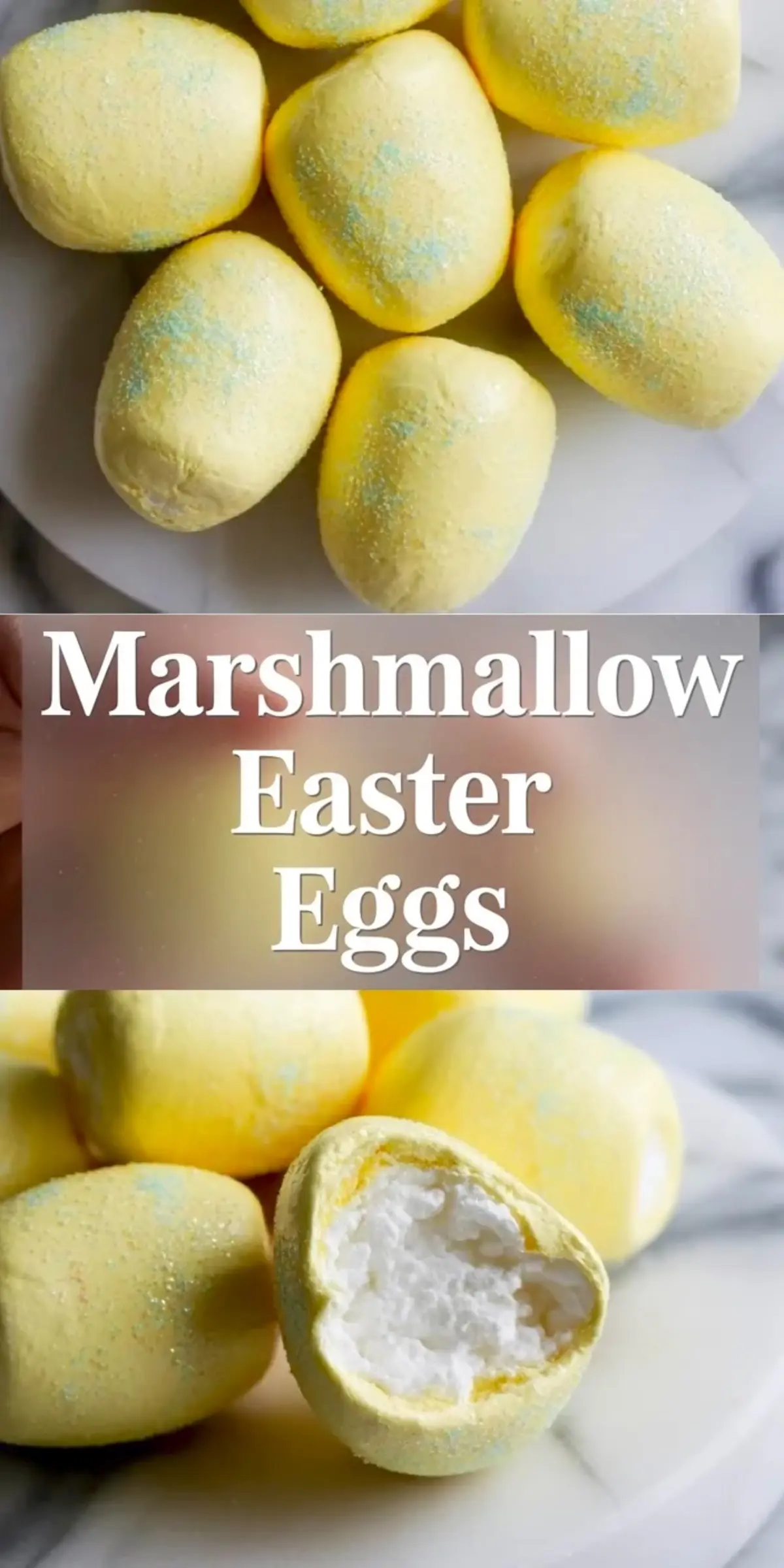 Yellow marshmallow Easter eggs with soft matte coating and light blue sugar speckles sit closely arranged on a white plate, showing finished homemade Easter candy texture.
