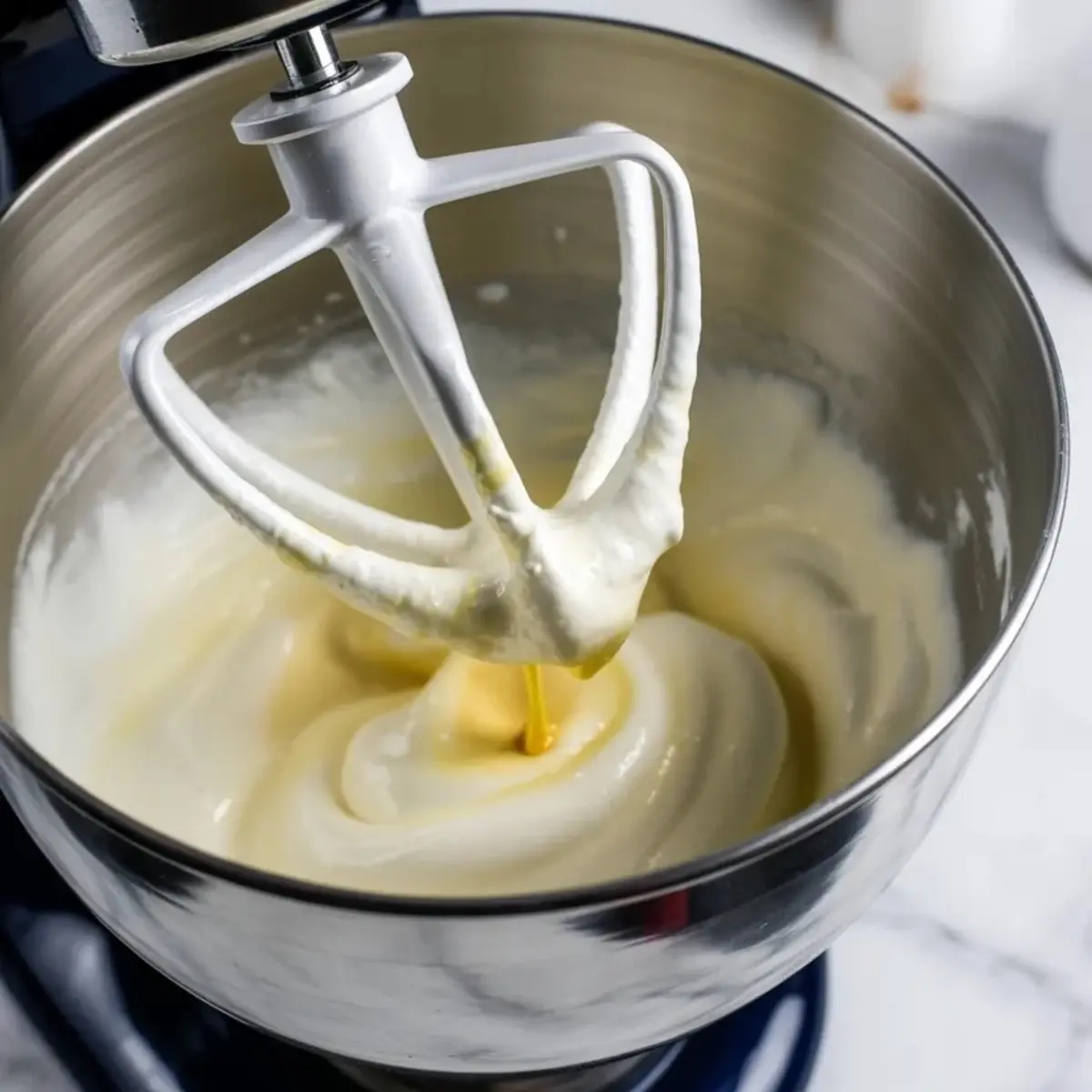 Stand mixer beats thick glossy marshmallow mixture inside a stainless steel bowl, showing the whipping stage for homemade marshmallow Easter eggs.

