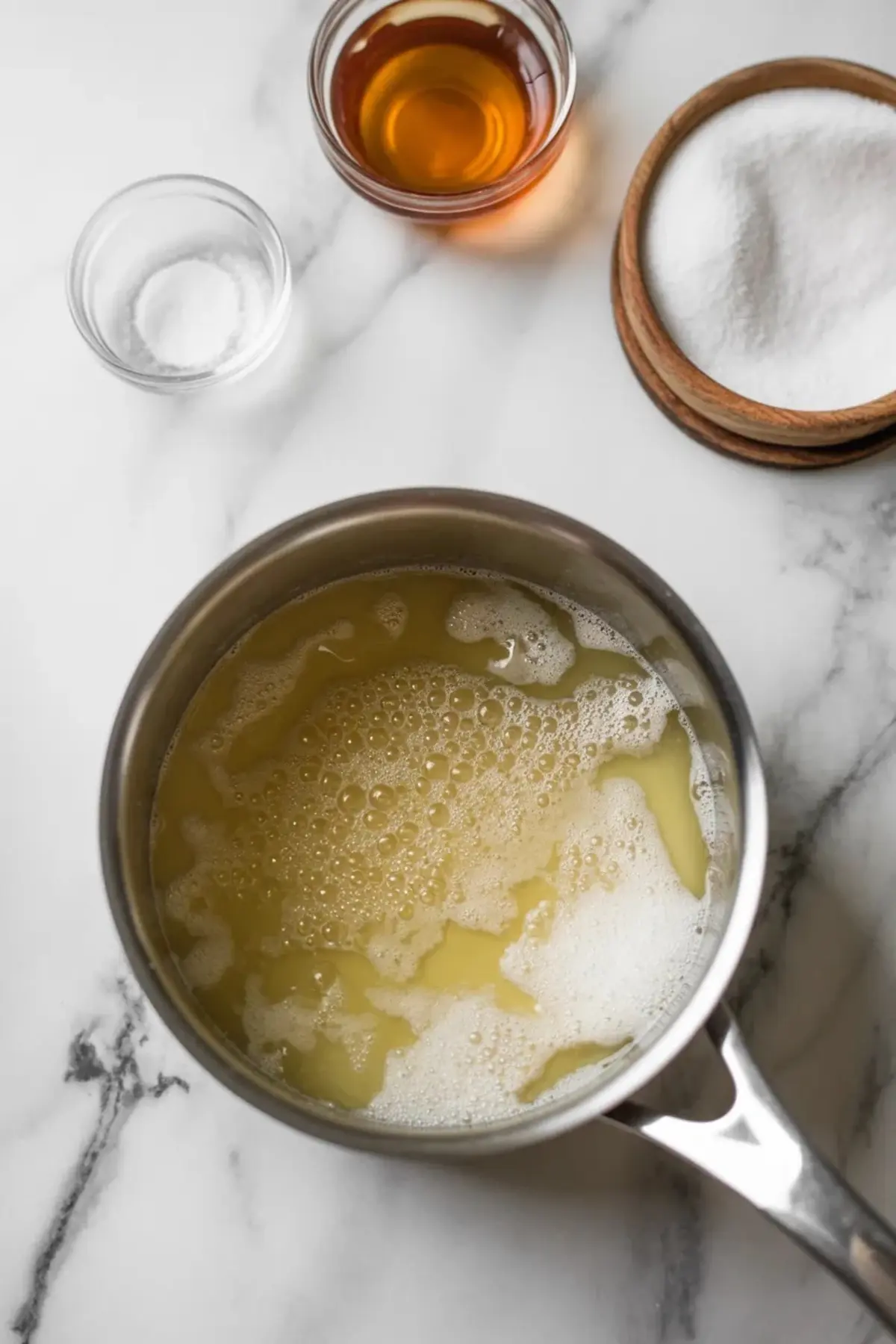 Small saucepan holds melted sugar syrup with bubbles on the surface, surrounded by bowls of sugar, gelatin, and honey on a marble surface for marshmallow candy making.
