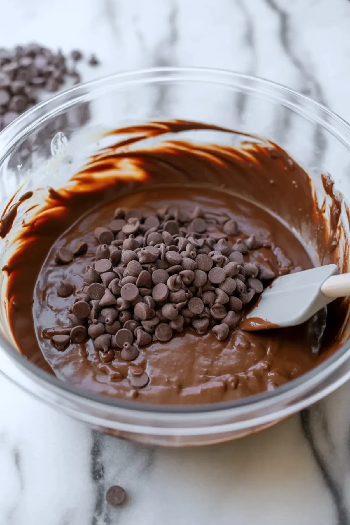 Glass bowl filled with chocolate brownie batter topped with semi-sweet chocolate chips and a silicone spatula, set on a marble countertop.
