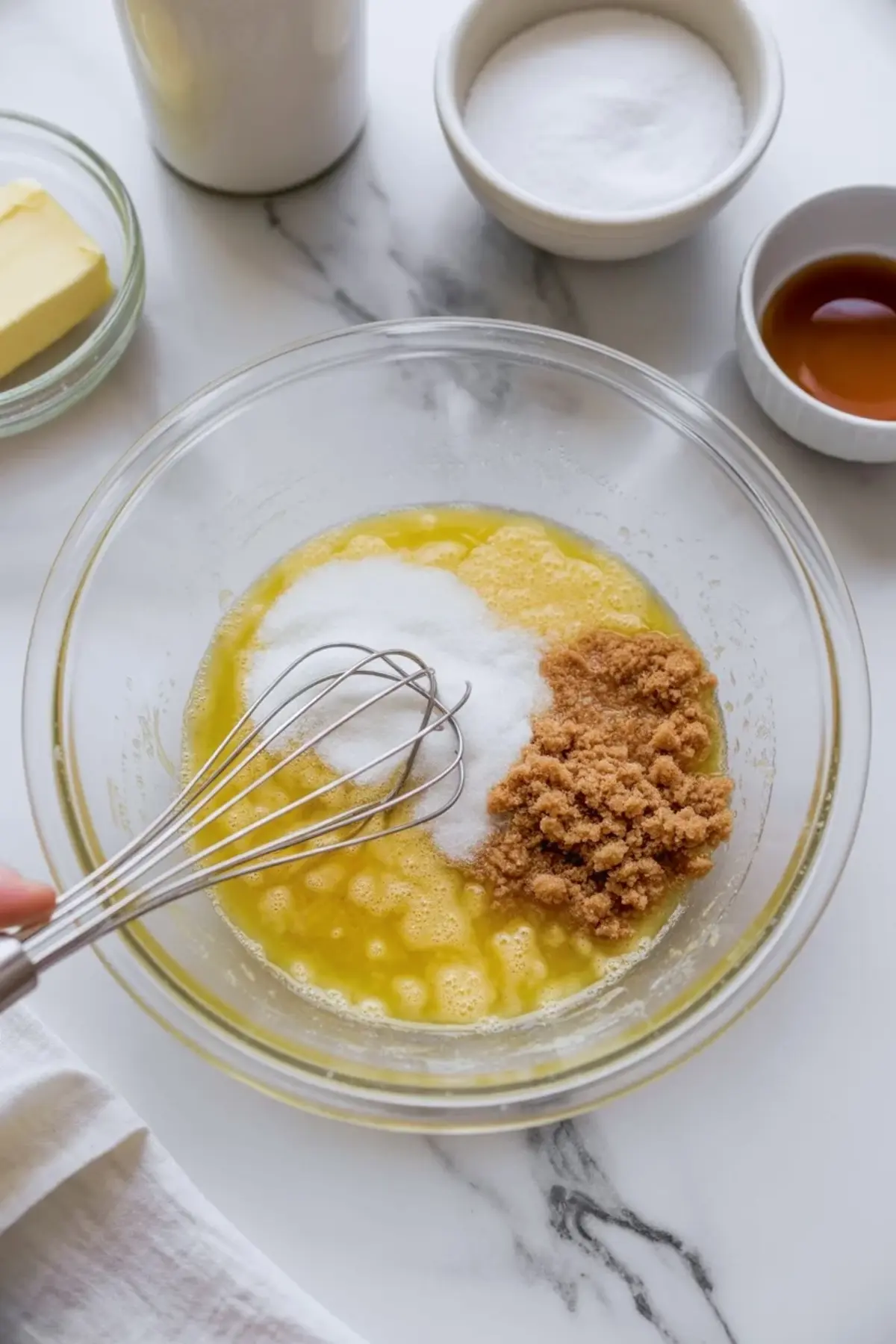 Baking ingredients being whisked in a clear glass bowl, featuring melted butter, white sugar, and brown sugar, surrounded by butter, vanilla, and flour in small bowls.

