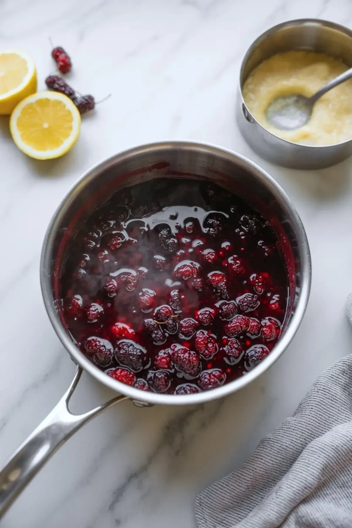 Mulberries simmer in a stainless steel saucepan with visible juice and steam, creating a glossy berry compote for layered cake filling.
